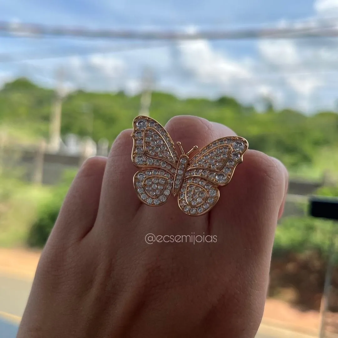 Conjunto de anel e brinco de borboleta cravejada com ranja com zircônias  - banhado a ouro 18k