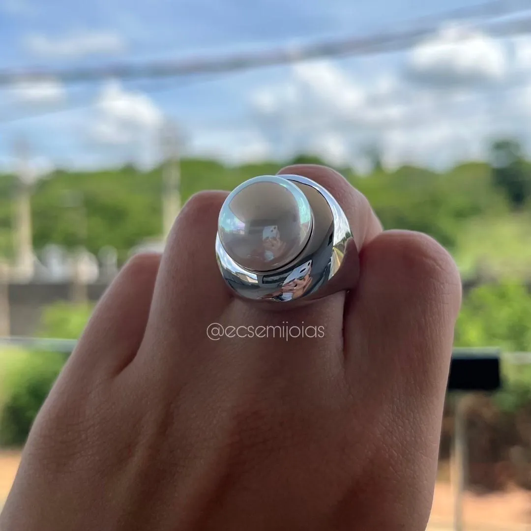 Conjunto de anel e brinco redondo liso com pérola grande 16mm no centro  - banhado a ródio branco