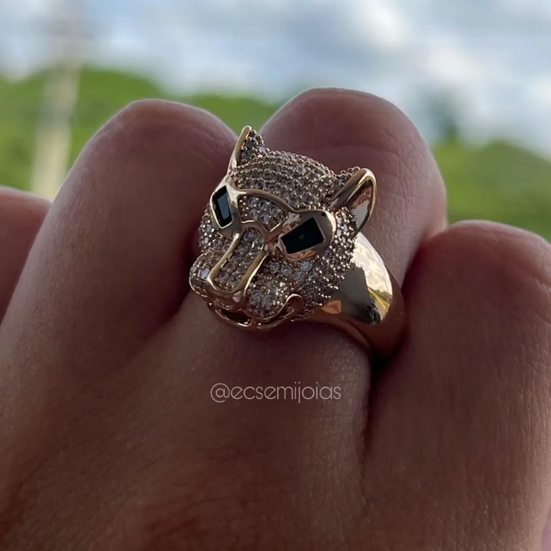 Conjunto de anel e brinco de pantera cravejada - banhado a ouro 18k
