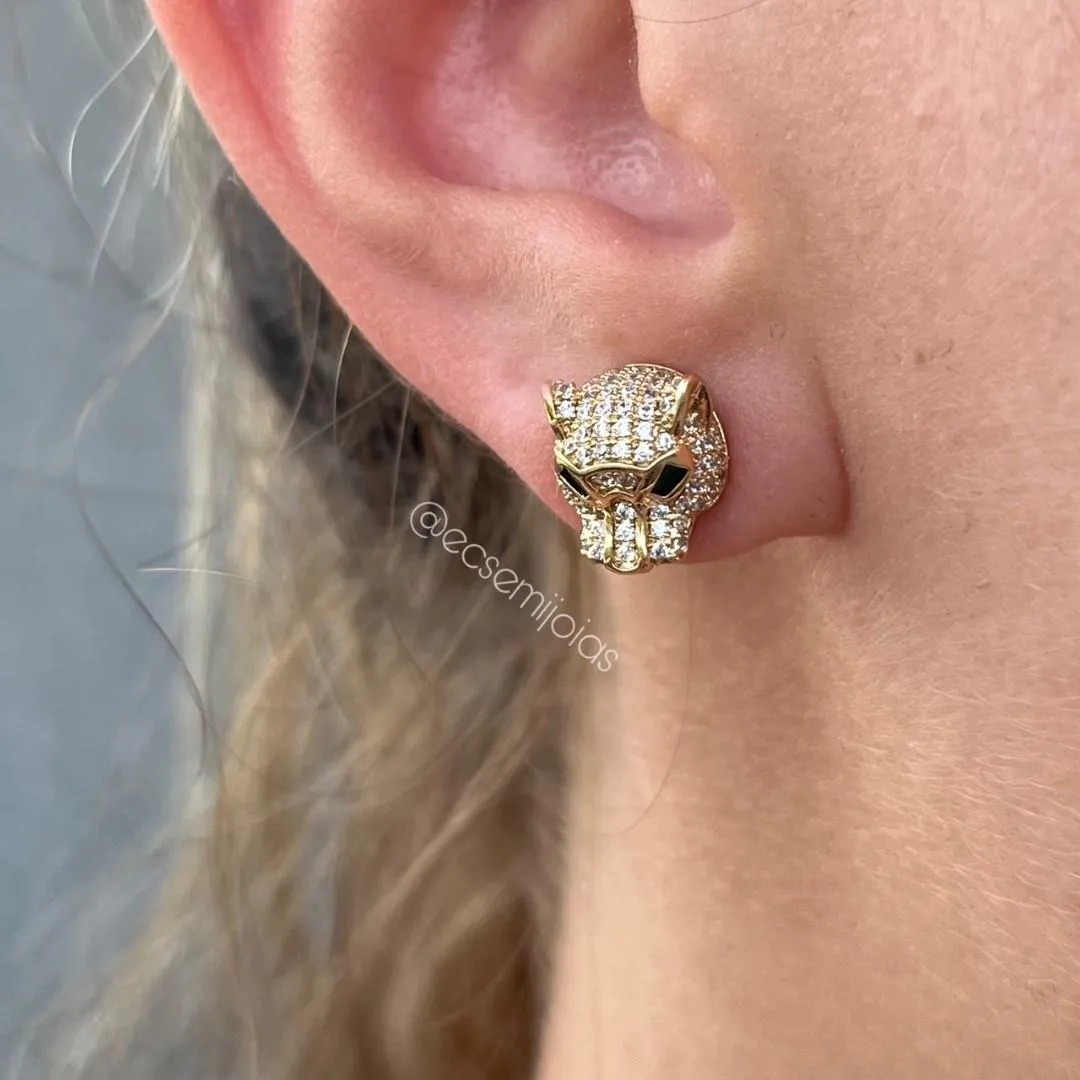 Conjunto de anel e brinco de pantera cravejada - banhado a ouro 18k