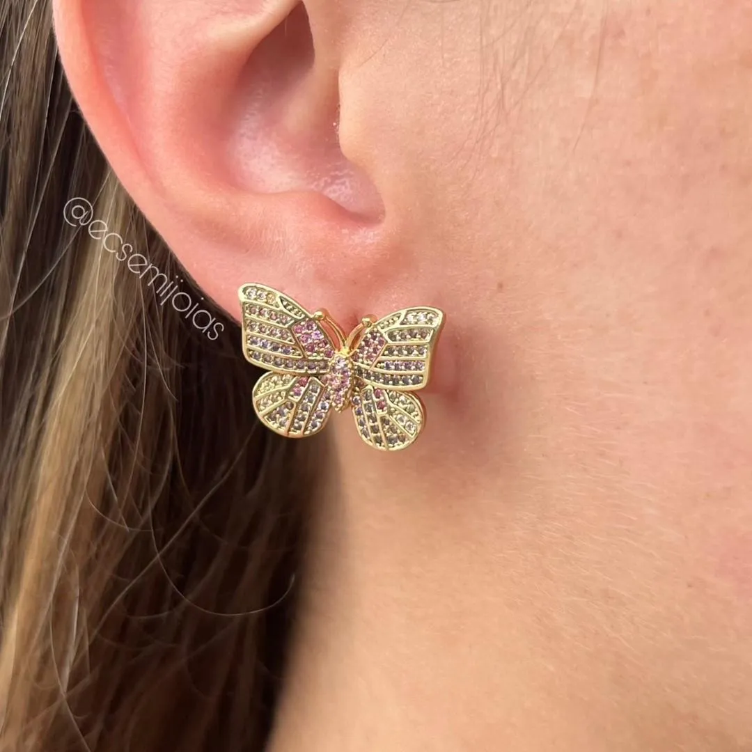 Brinco de borboleta cravejada - banhado a ouro 18k