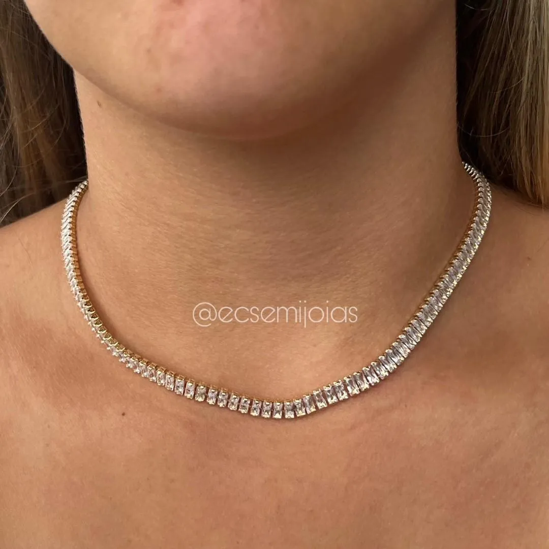 Colar com 100% zircônias baguetes 5mm - 40cm + extensor - banhado a ouro 18k