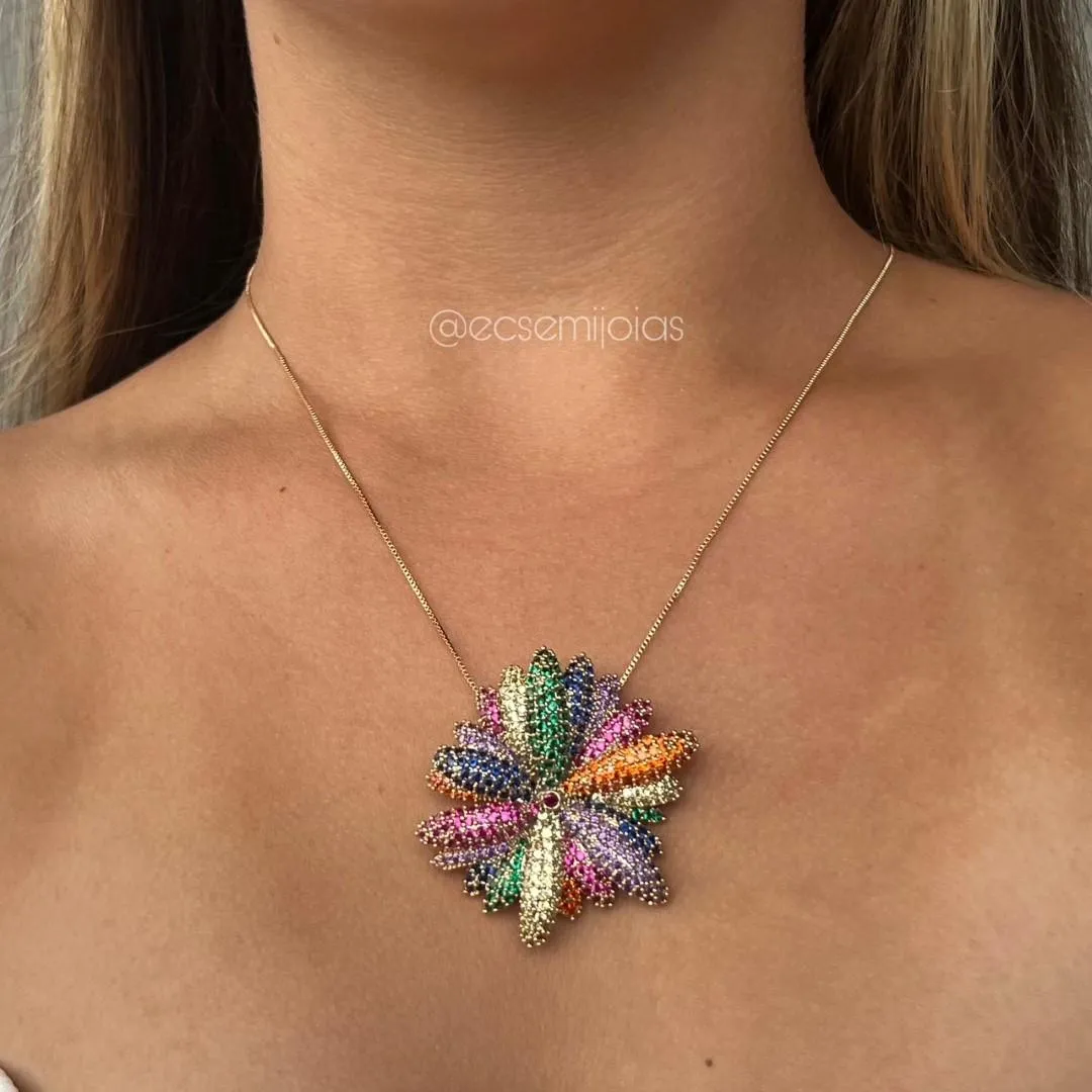 Colar de flor grande cravejada - 45cm + extensor - banhado a ouro 18k