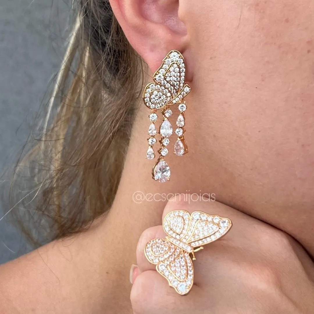 Conjunto de anel e brinco de borboleta cravejada com ranja com zircônias  - banhado a ouro 18k
