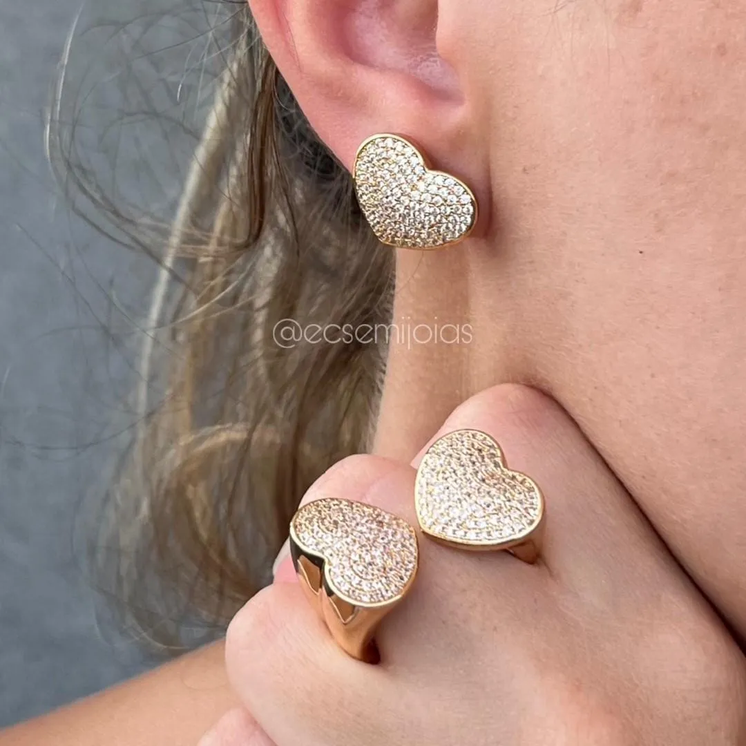 Conjunto de anel e brinco de coração cravejado  - banhado a ouro 18k