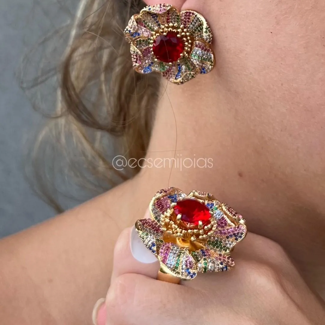 Conjunto de anel e brinco de flor cravejada com pedra redonda central grande - banhado a ouro 18k