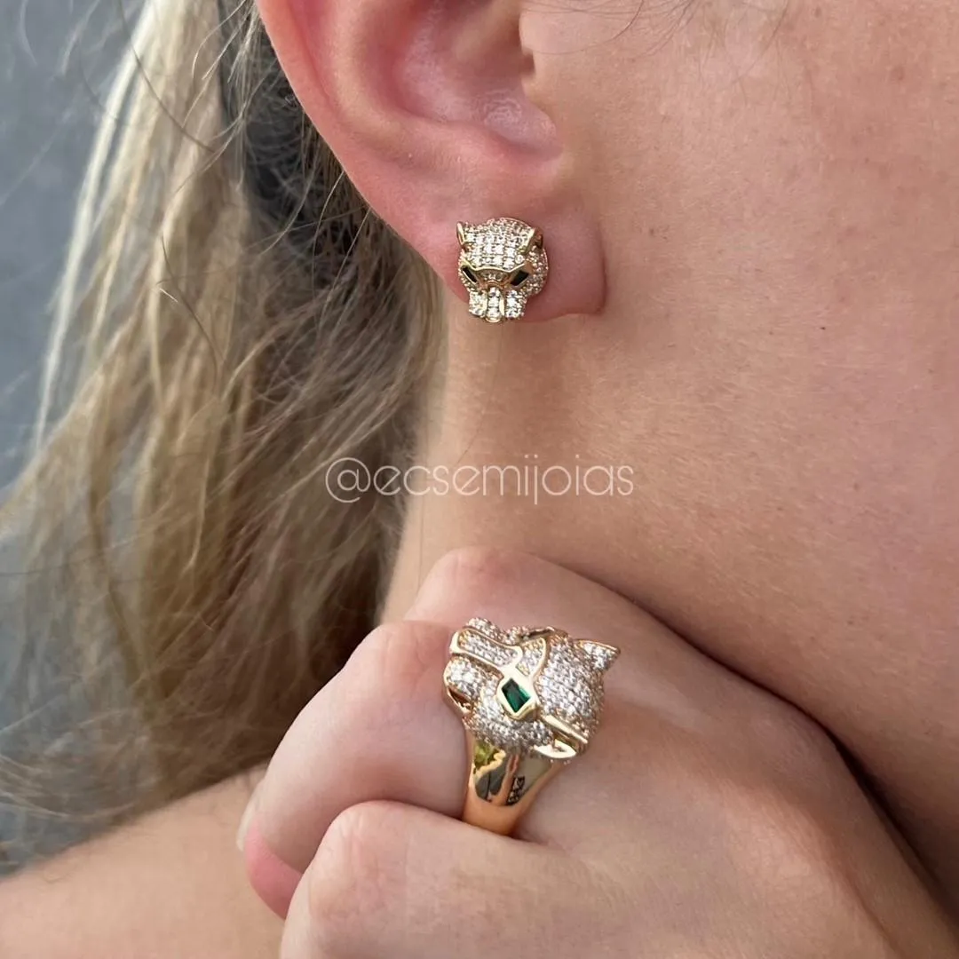 Conjunto de anel e brinco de pantera cravejada - banhado a ouro 18k