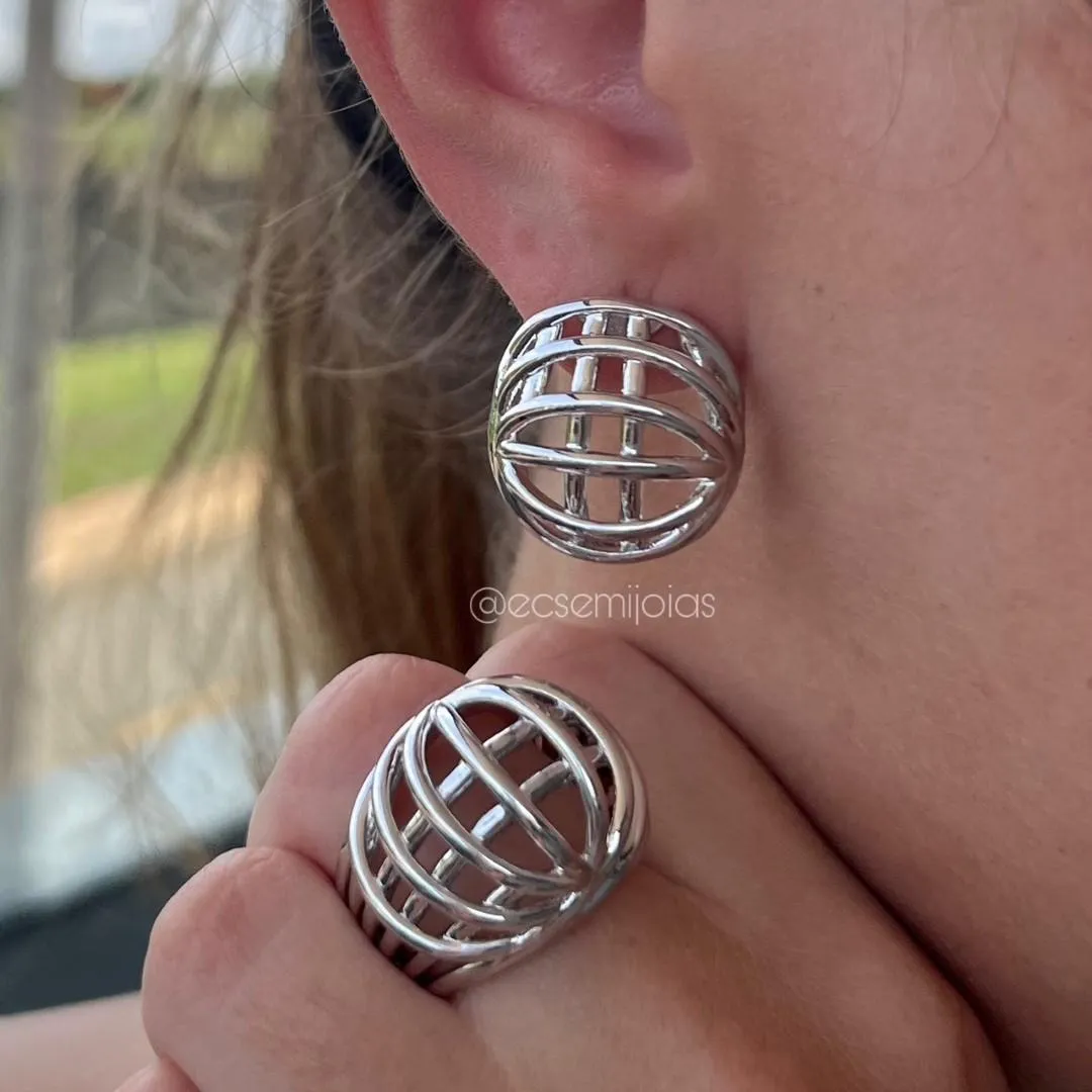 Conjunto de anel e brinco oval vazado - banhado a ródio branco