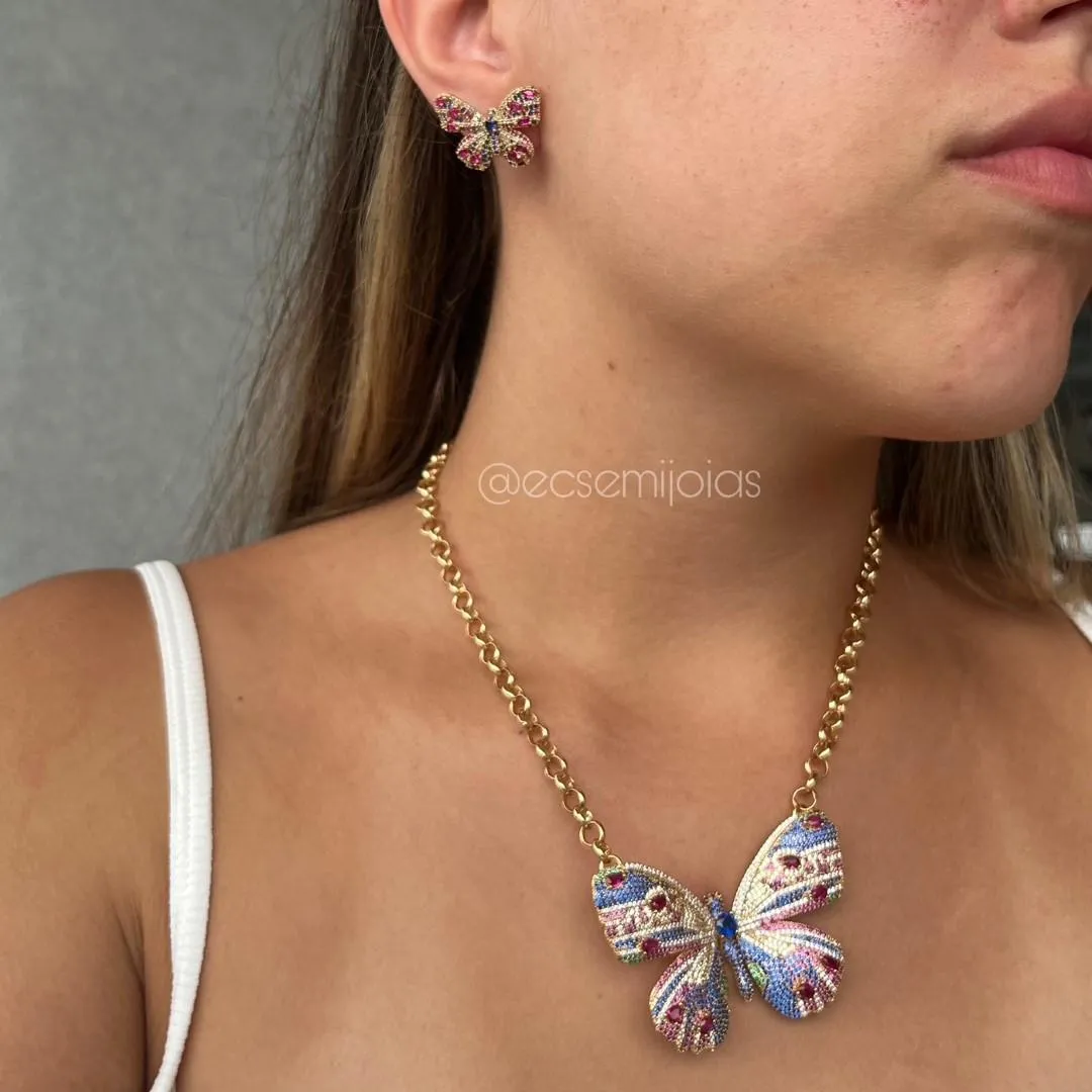 Conjunto de brinco e colar de borboleta cravejada grande com elo português 6mm - 40cm - banhado a ouro 18k