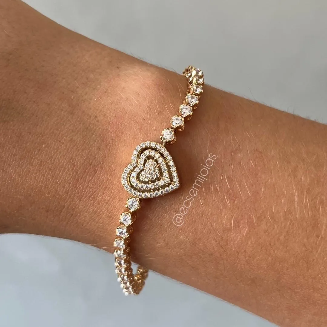 Pulseira 100% de zircônias com fecho de coração grande cravejado - 18cm - banhado a ouro 18k