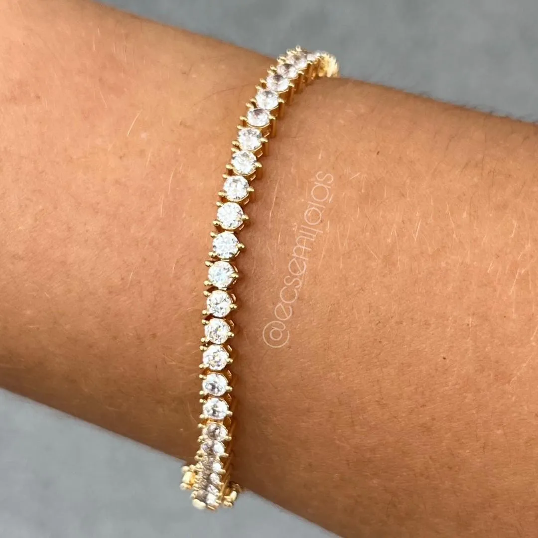 Pulseira 100% zircônias com garras de 3 pontas - 18cm - banhado a ouro 18k