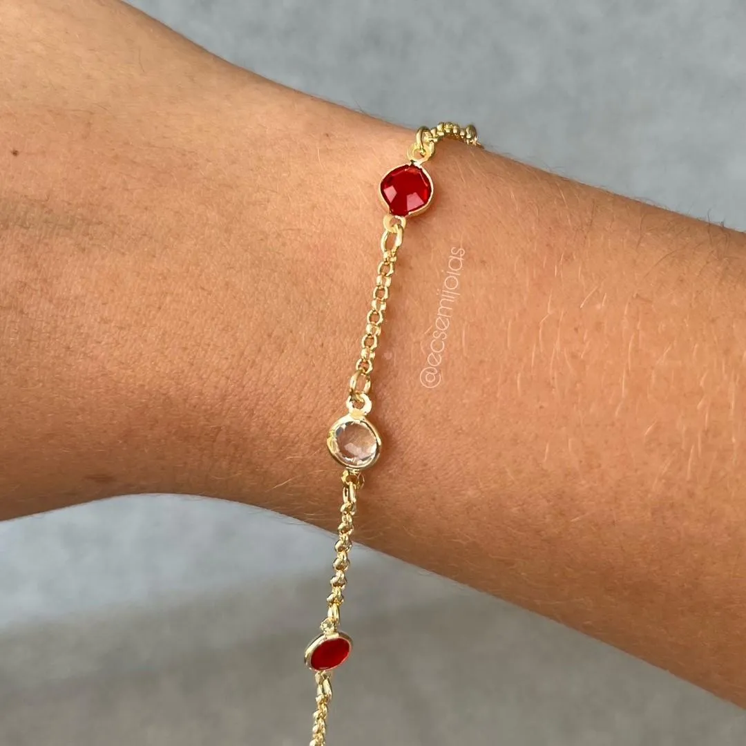 Pulseira de elo português 1,5mm com 5 cristais - 16cm + extensor - banhado a ouro 18k