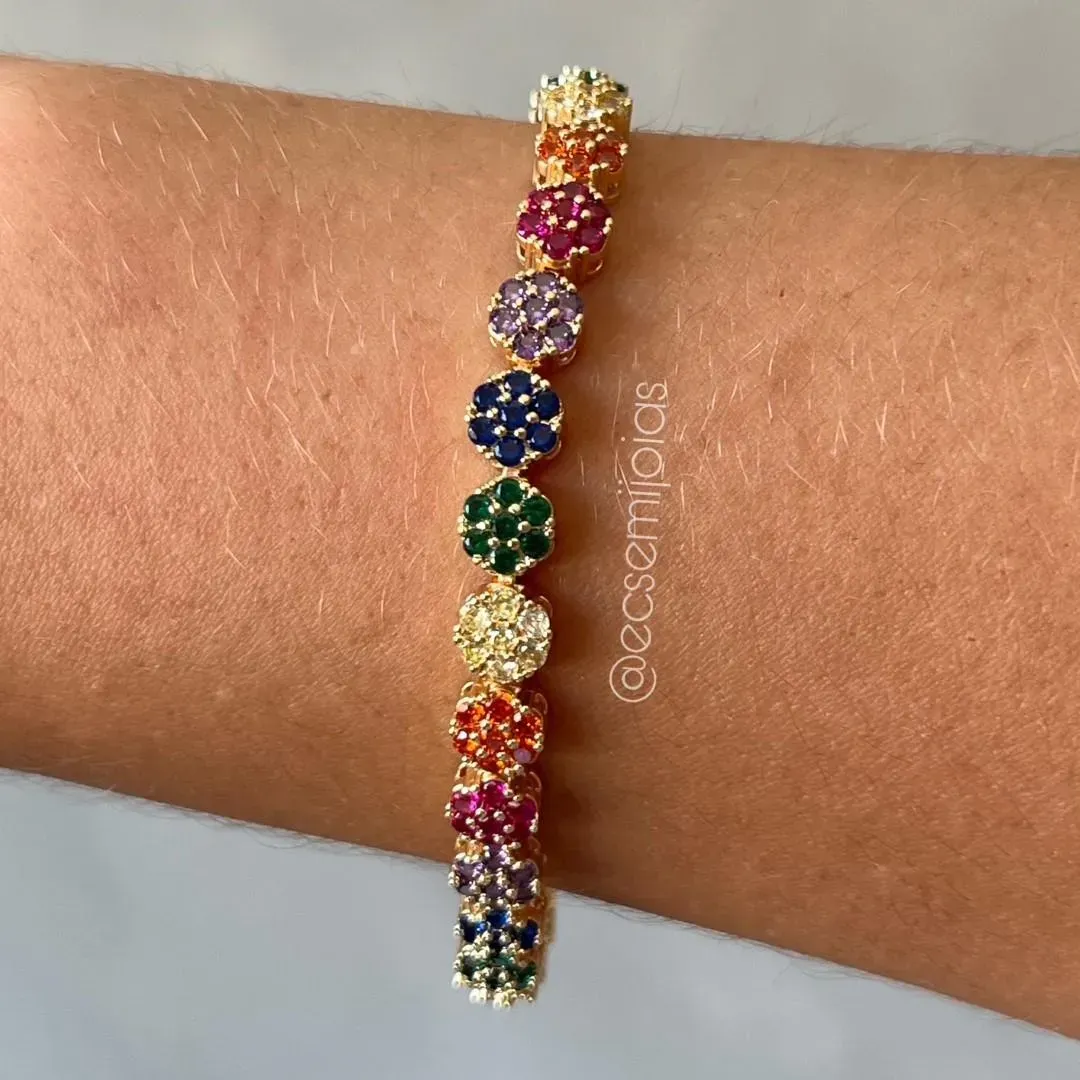 Pulseira de florzinha delicada cravejada - 18cm + trava extensora - banhado a ouro 18k