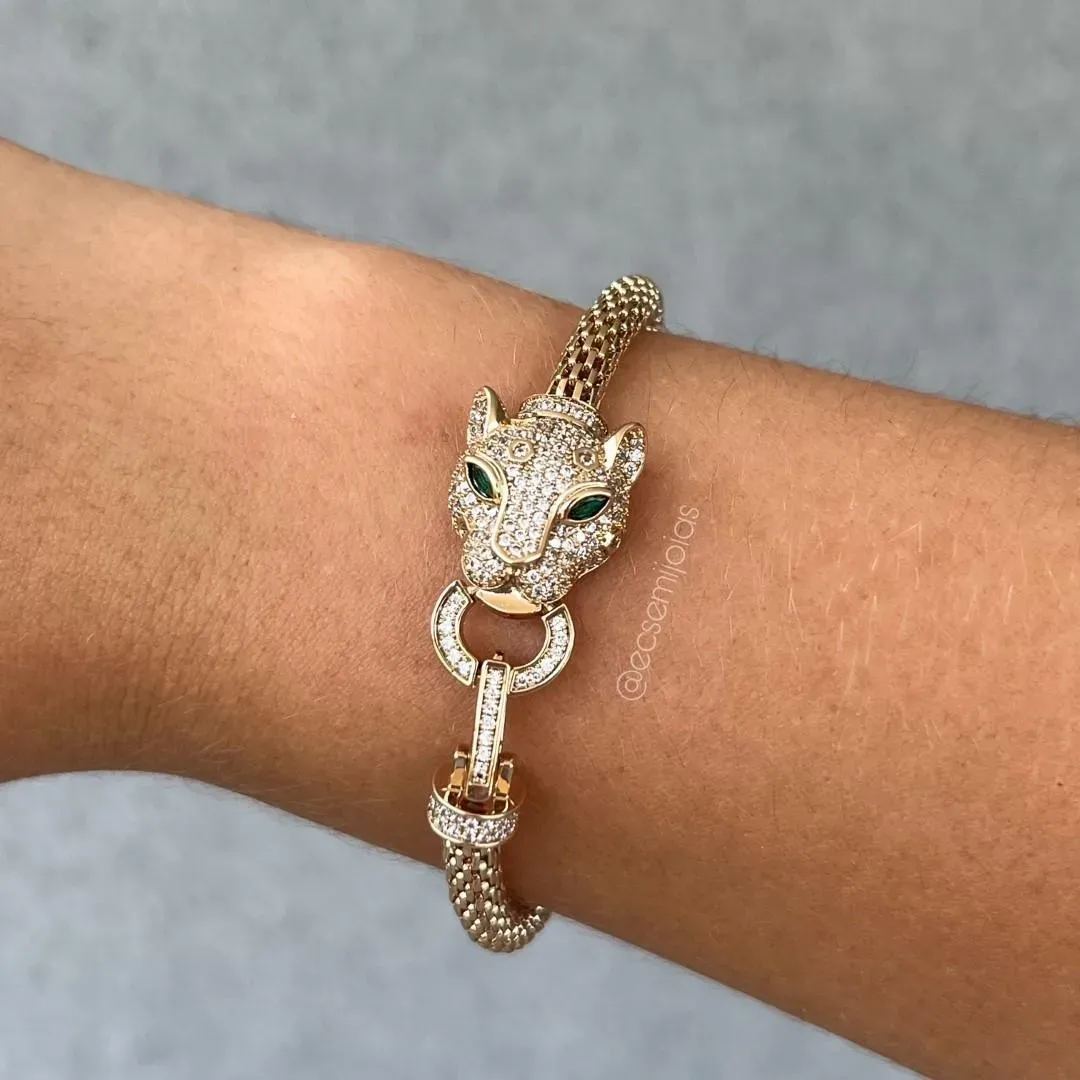 Pulseira de pantera cravejada com elo tubo vazado de 5mm - 19cm - banhado a ouro 18k