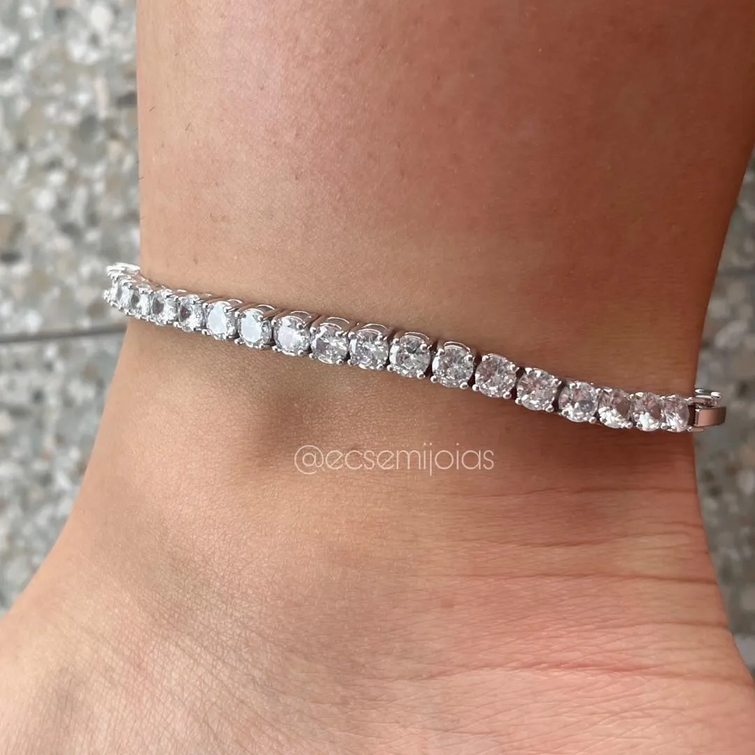 Tornozeleira com 100% de zircônias de 5mm - 25cm - banhado a ouro 18k