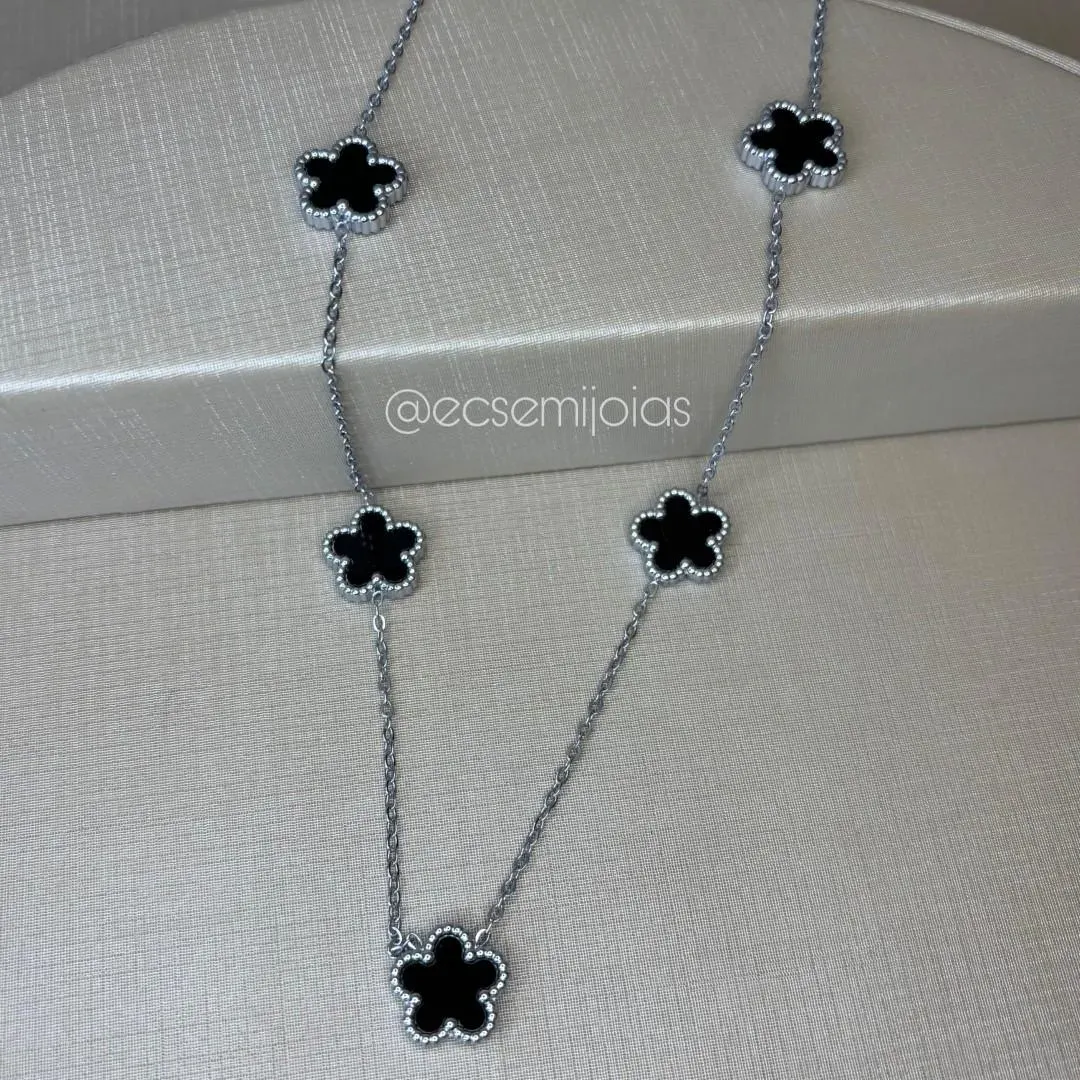 Colar com flor com 5 pétalas - 45cm + extensor - aço