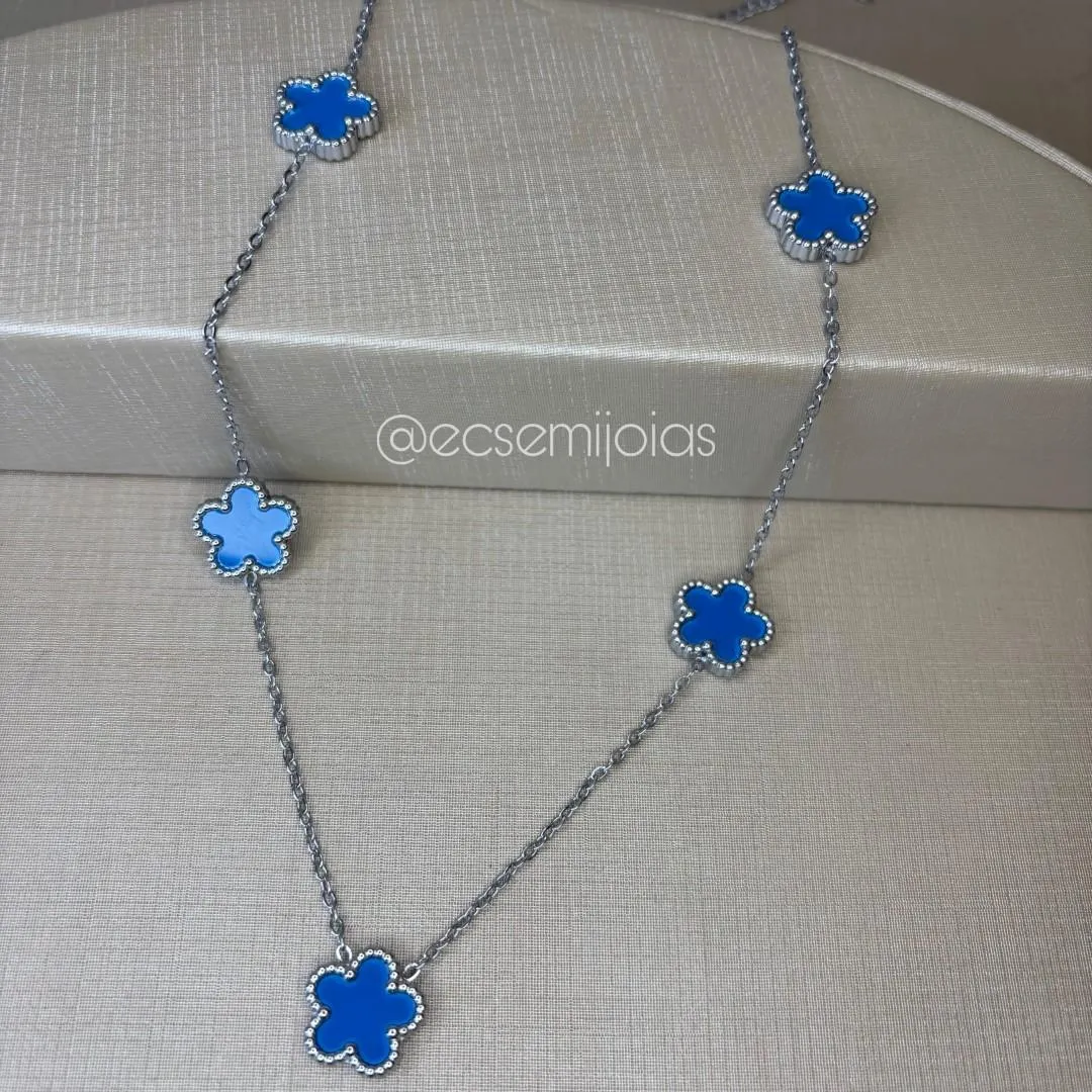 Colar com flor com 5 pétalas - 45cm + extensor - aço