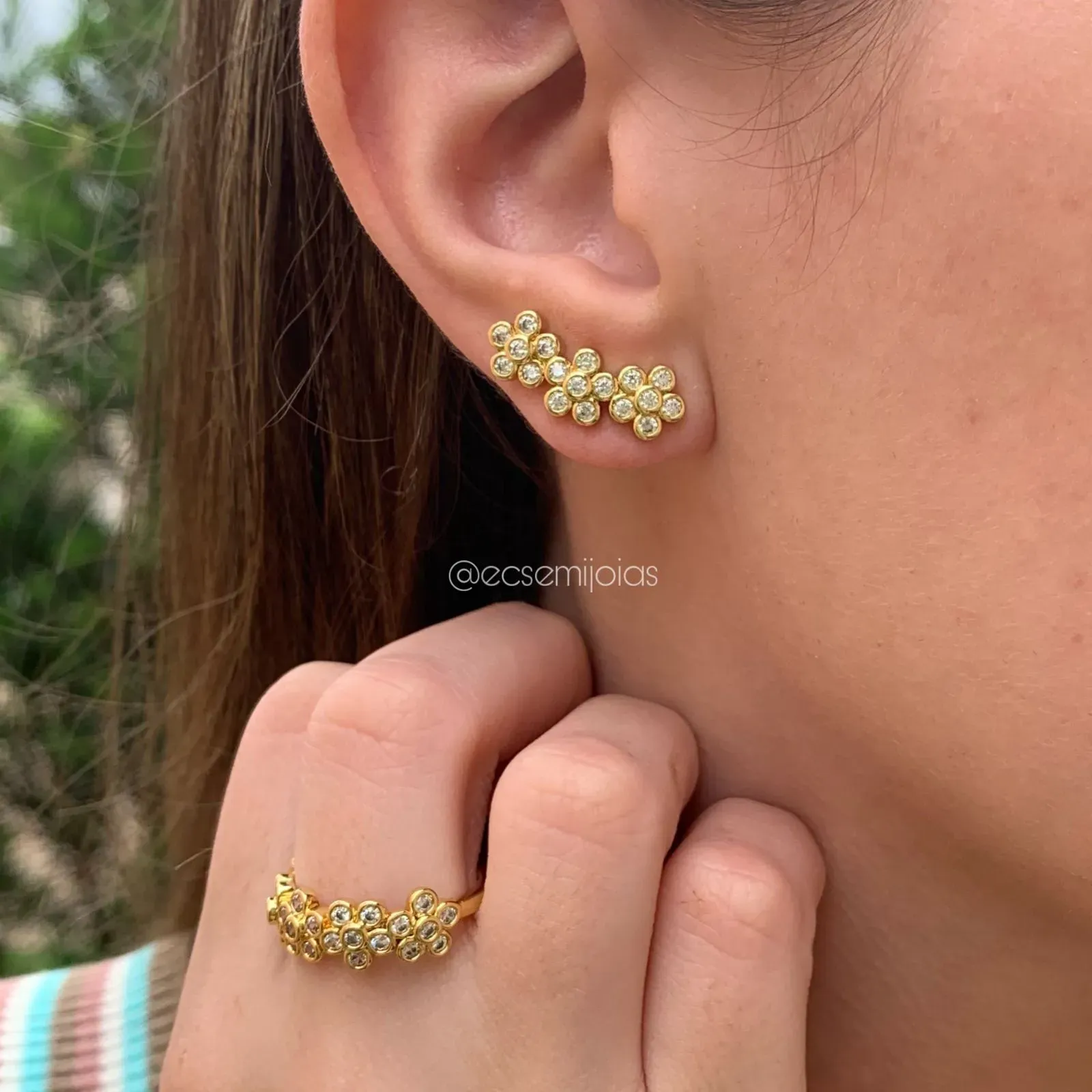 Conjunto brinco e anel flores - banhado a ouro 18k