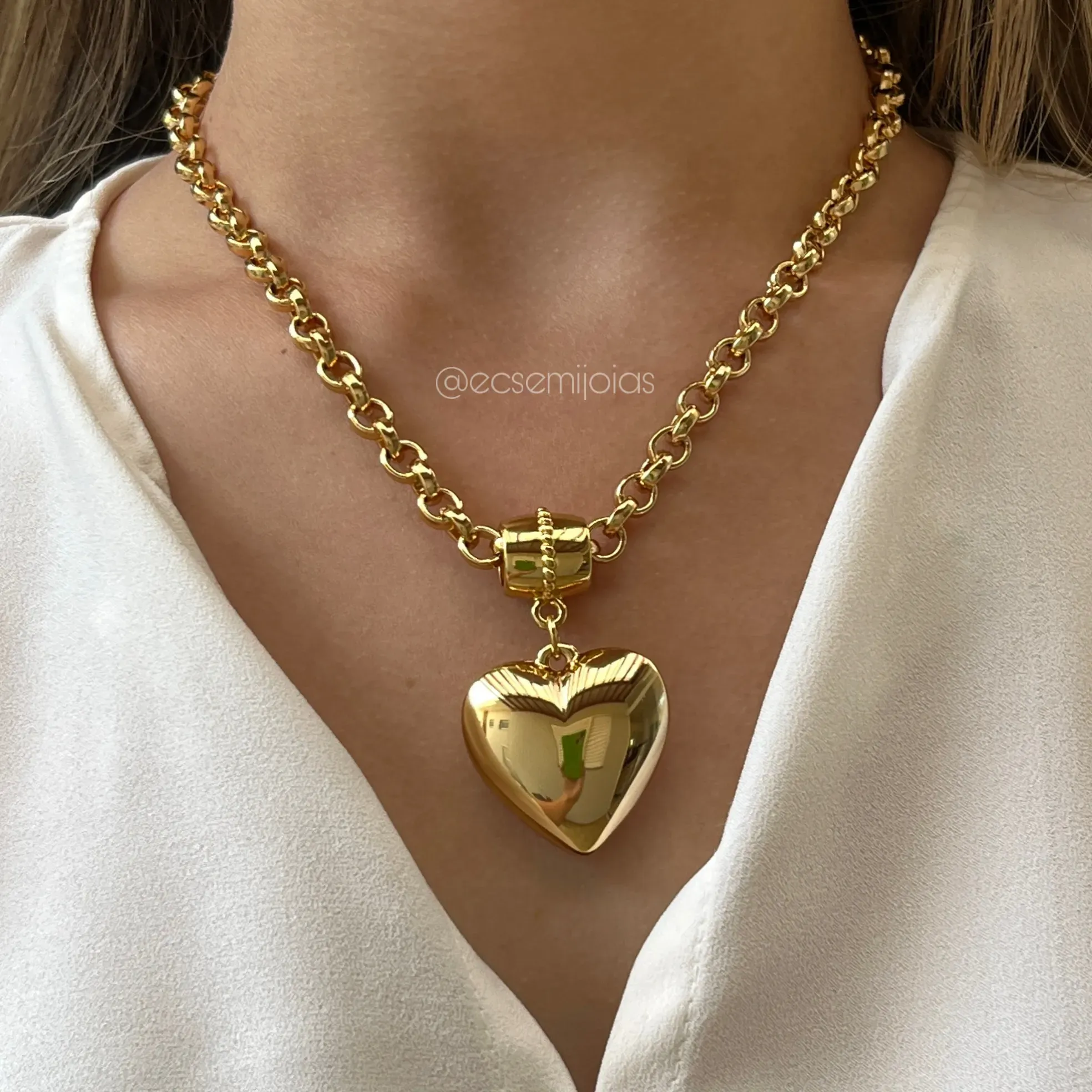 Colar elo português 7mm com coração 3cm liso  - 45cm - banhado a ouro 18k