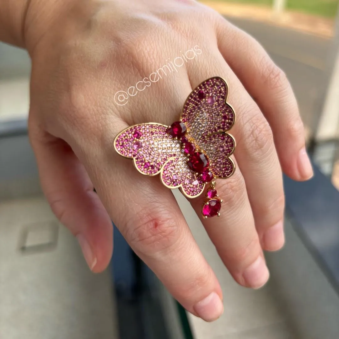 Conjunto de anel e brinco de borboletas cravejadas - banhado a ouro 18k