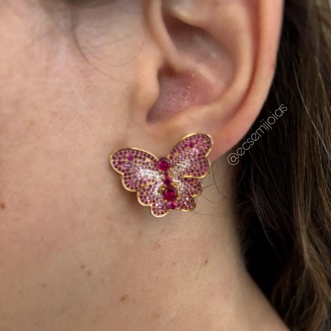 Conjunto de anel e brinco de borboletas cravejadas - banhado a ouro 18k