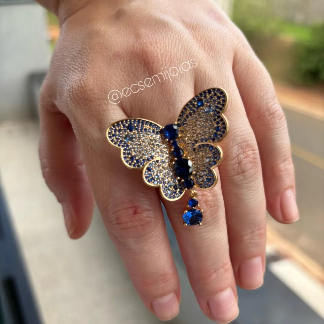 Conjunto de anel e brinco de borboletas cravejadas - banhado a ouro 18k