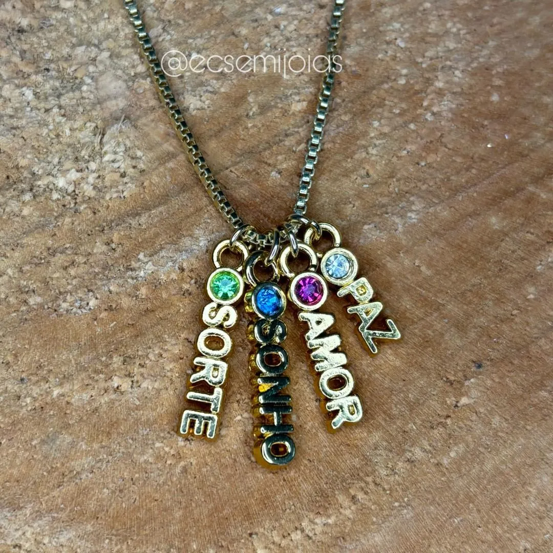 Colar veneziana com escritos pendurados PAZ, AMOR, SONHO e SORTE - 45cm + extensor - banhado a ouro 18k