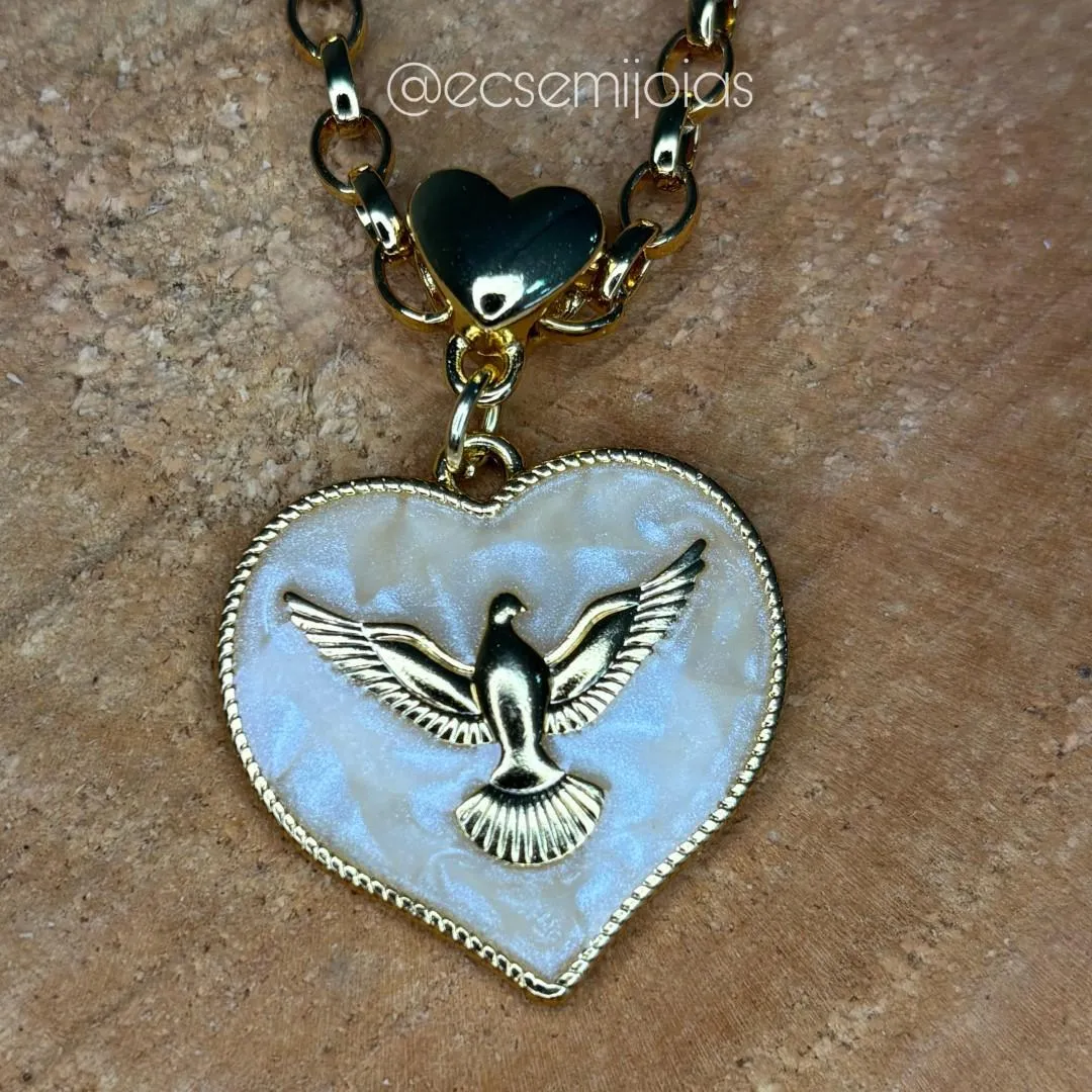 Colar de coração pomba de espirito santo - 47cm - banhado a ouro 18k