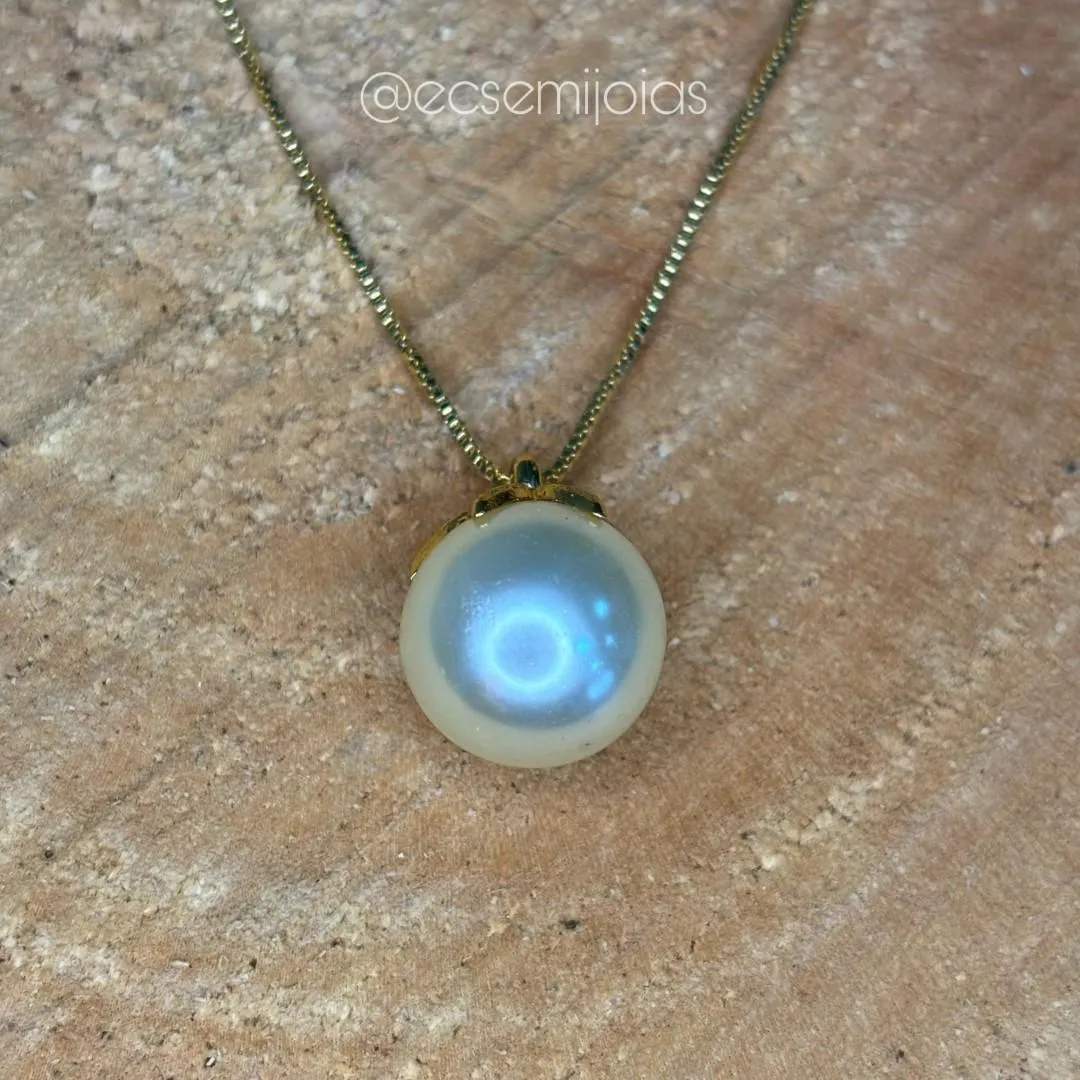 Colar veneziana com pingente de pérola 13mm com folhas em cima - 45cm - banhado a ouro 18k