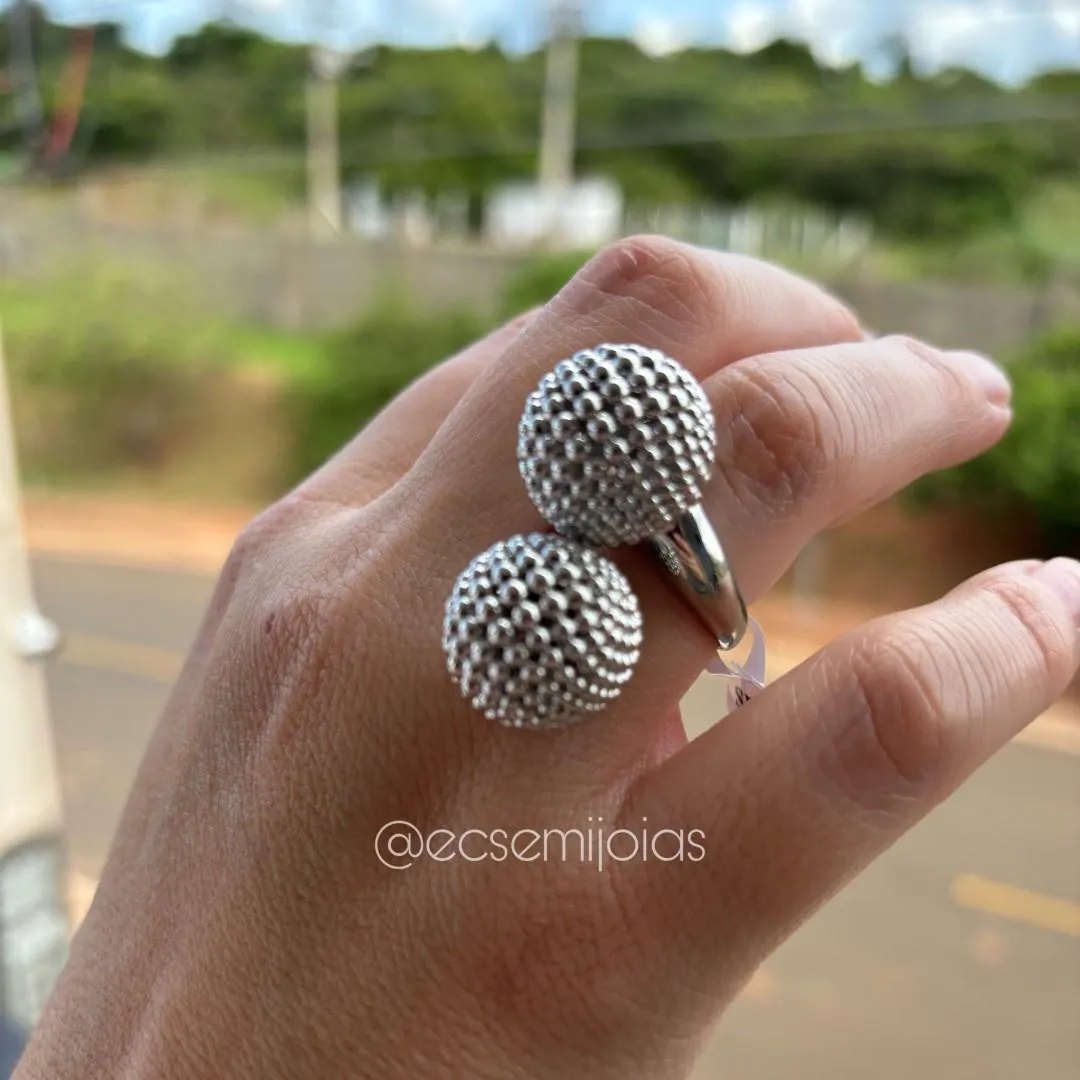 Anel com 2 bolas 16mm bombardeadas - banhado a ródio branco