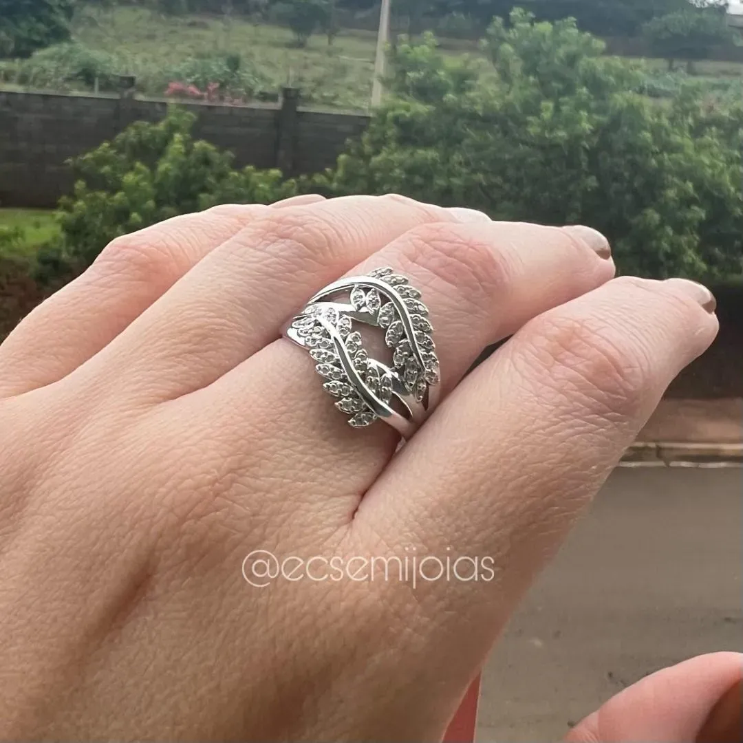 Anel com 2 galhos com folhas cravejadas - banhado a ródio branco