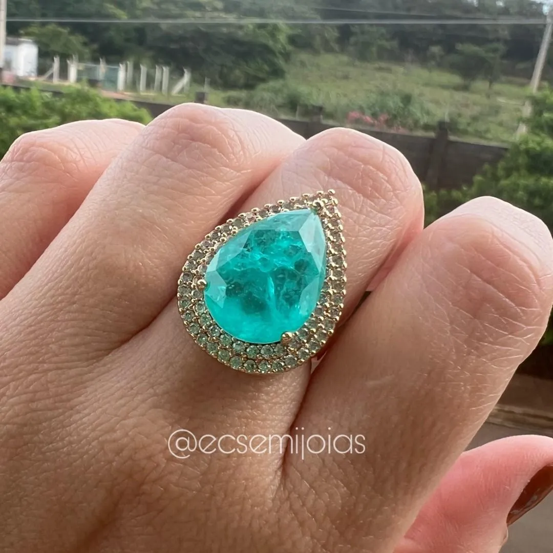 Anel com pedra gota fusion cravejado nas bordas - banhado a ouro 18k