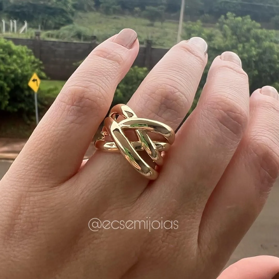 Anel duplo X lisos polidos - banhado a ouro 18k
