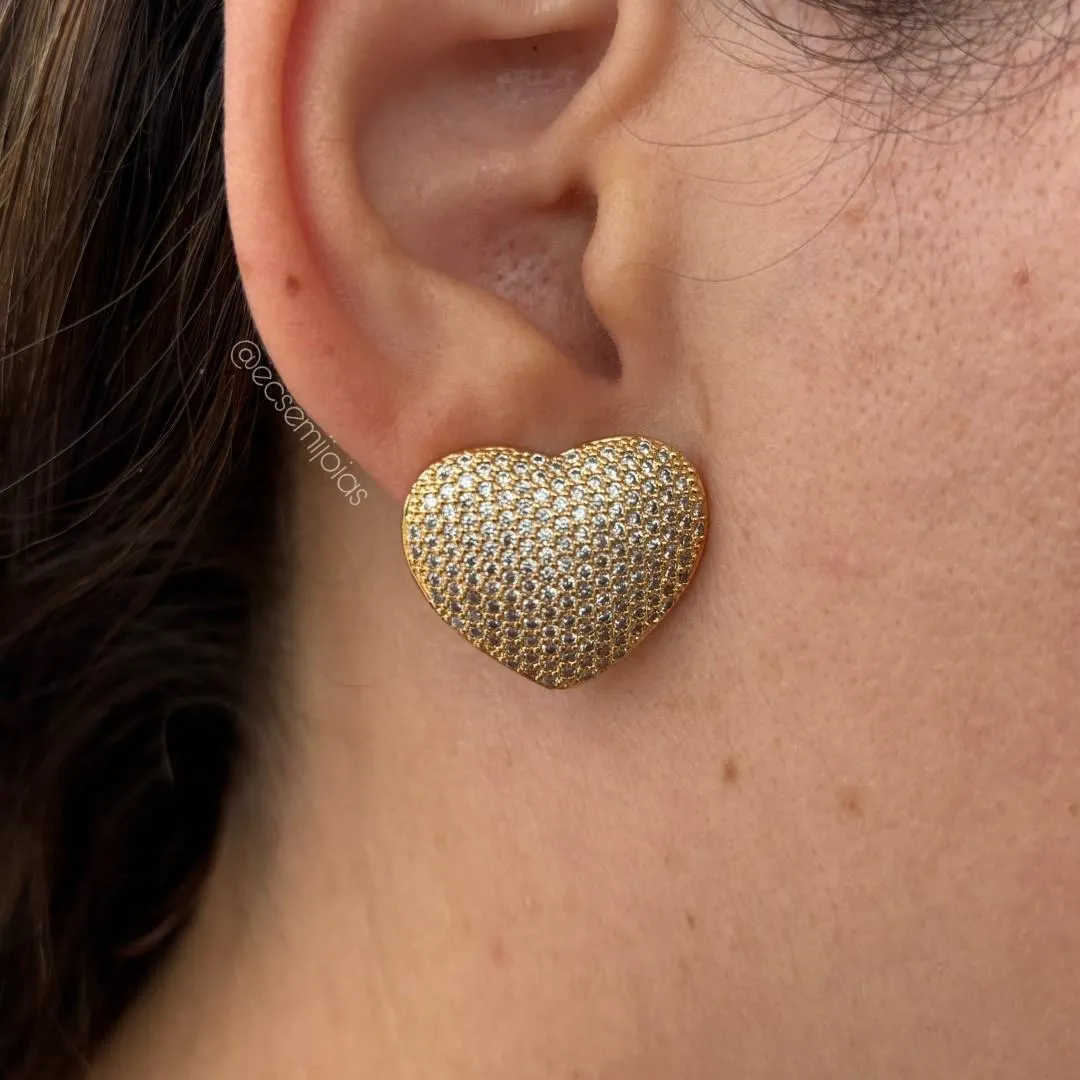 Brinco de coração cravejado grande - 20x24mm - banhado a ouro 18k