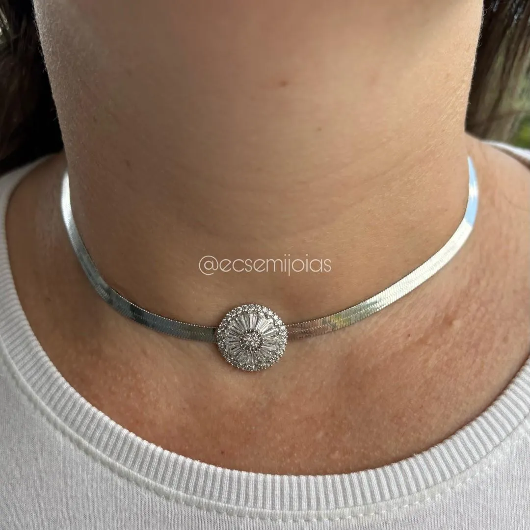 Choker de fita 4mm com pizza cravejada - 37cm + extensor - banhado a ródio branco