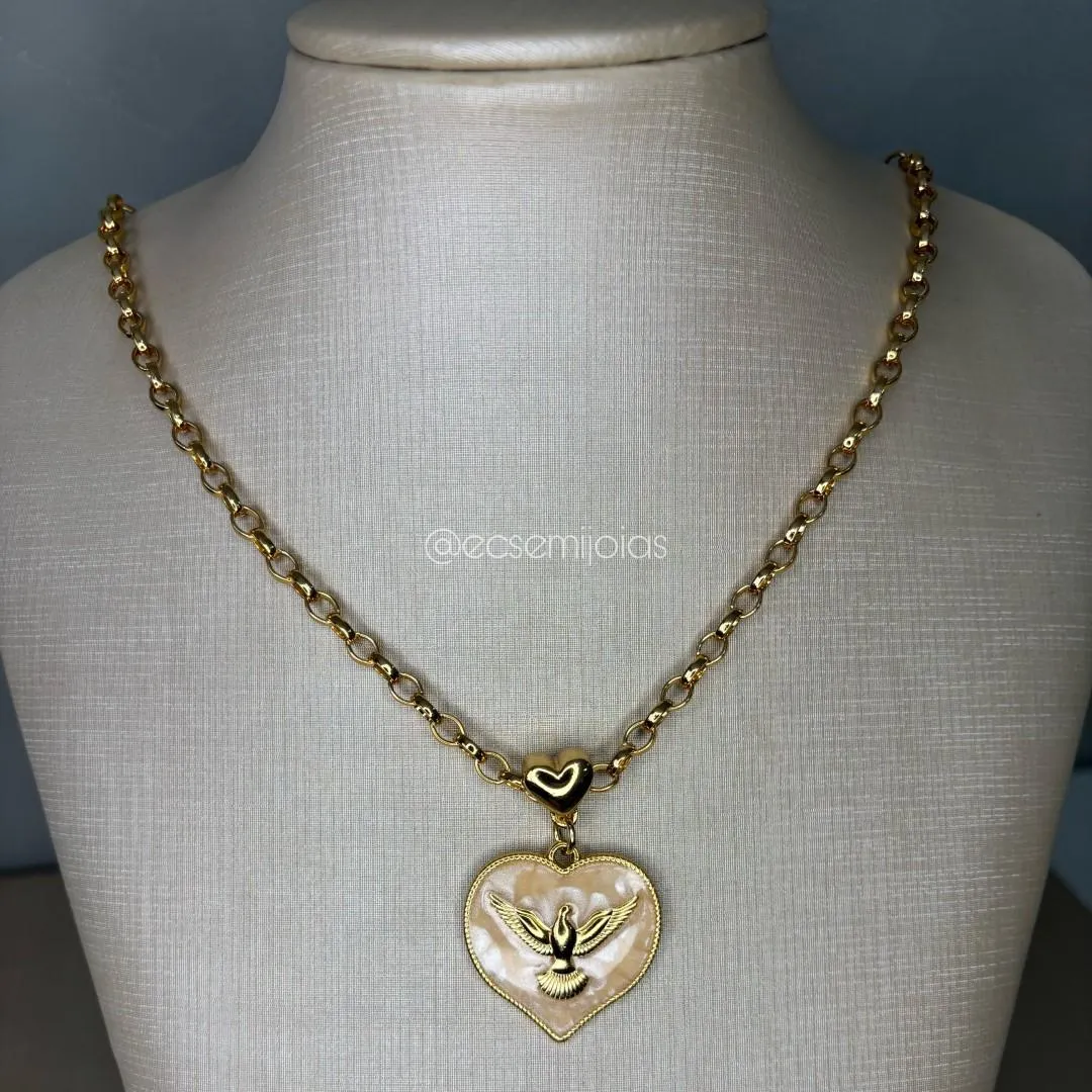 Colar de coração pomba de espirito santo - 47cm - banhado a ouro 18k