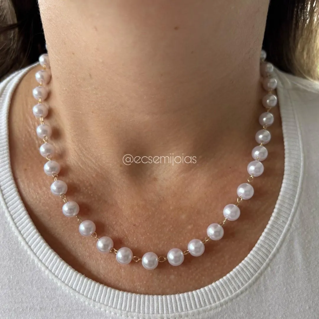Colar de pérolas 8mm - 50cm - banhado a ouro 18k