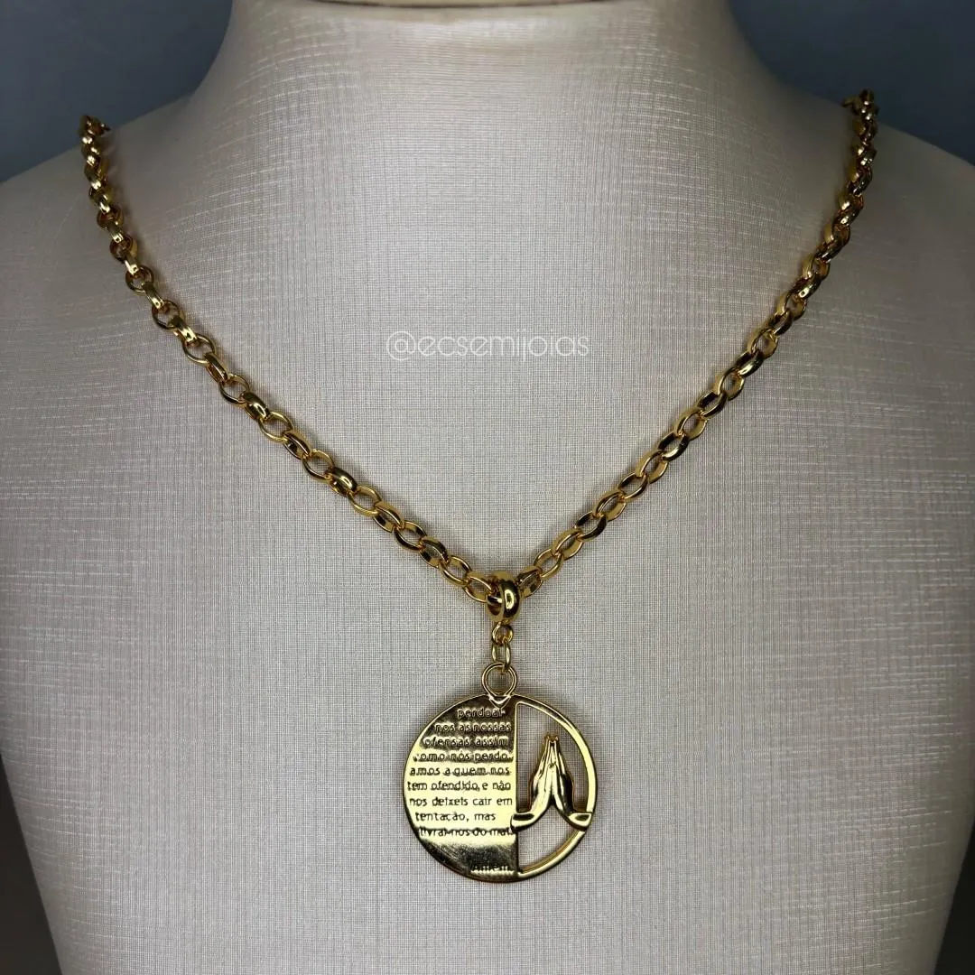 Colar elo português 4mm com pingente do PAI NOSSO com mãos em oração - 47cm - banhado a ouro 18k