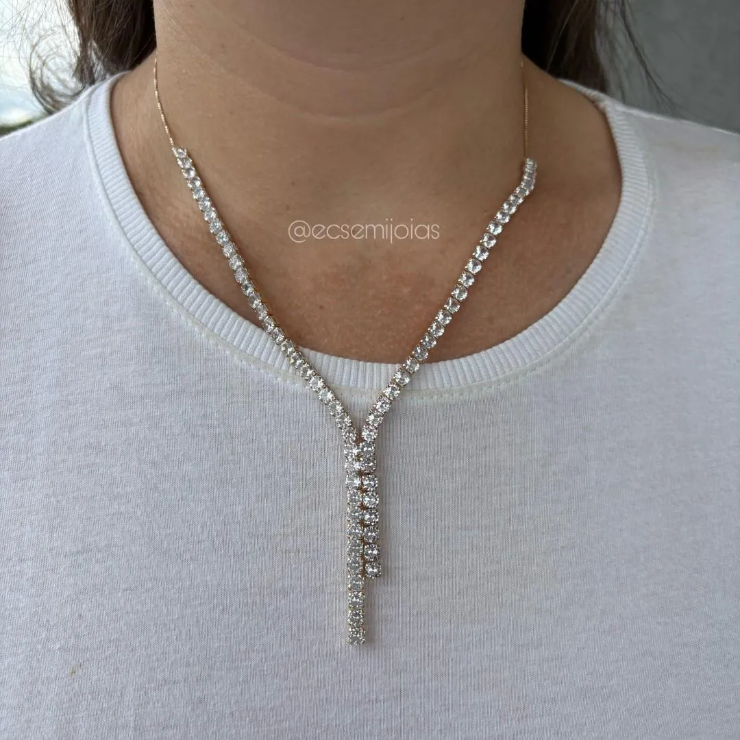 Colar gravata com fileira de zircônias 4mm - 50cm + extensor - banhado a ouro 18k