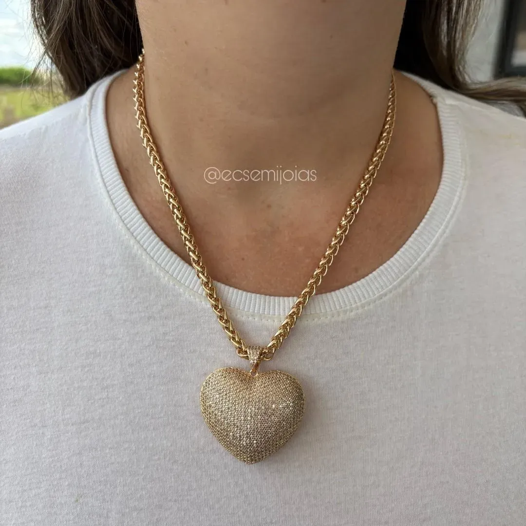 Colar palmeira 5mm com pingente de coração cravejado grande 34x40mm - 45cm + extensor - banhado a ouro 18k