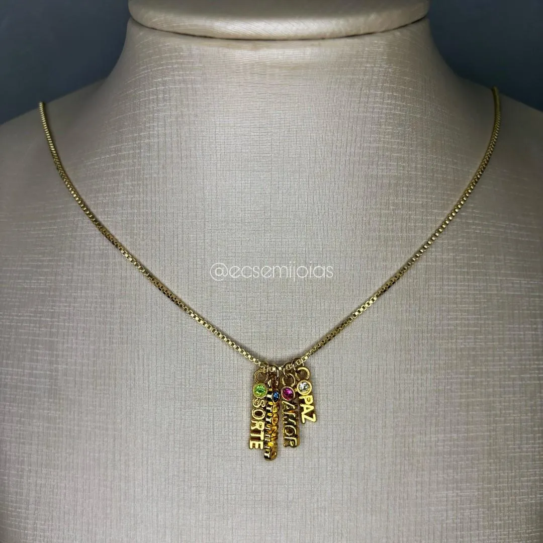 Colar veneziana com escritos pendurados PAZ, AMOR, SONHO e SORTE - 45cm + extensor - banhado a ouro 18k