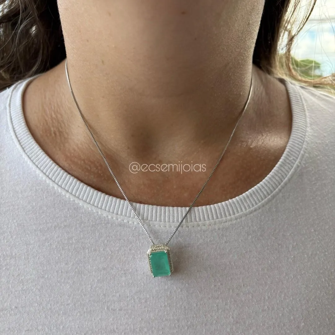 Colar veneziana com pedra fusion retangular cravejado em volta - 45cm - prata 925