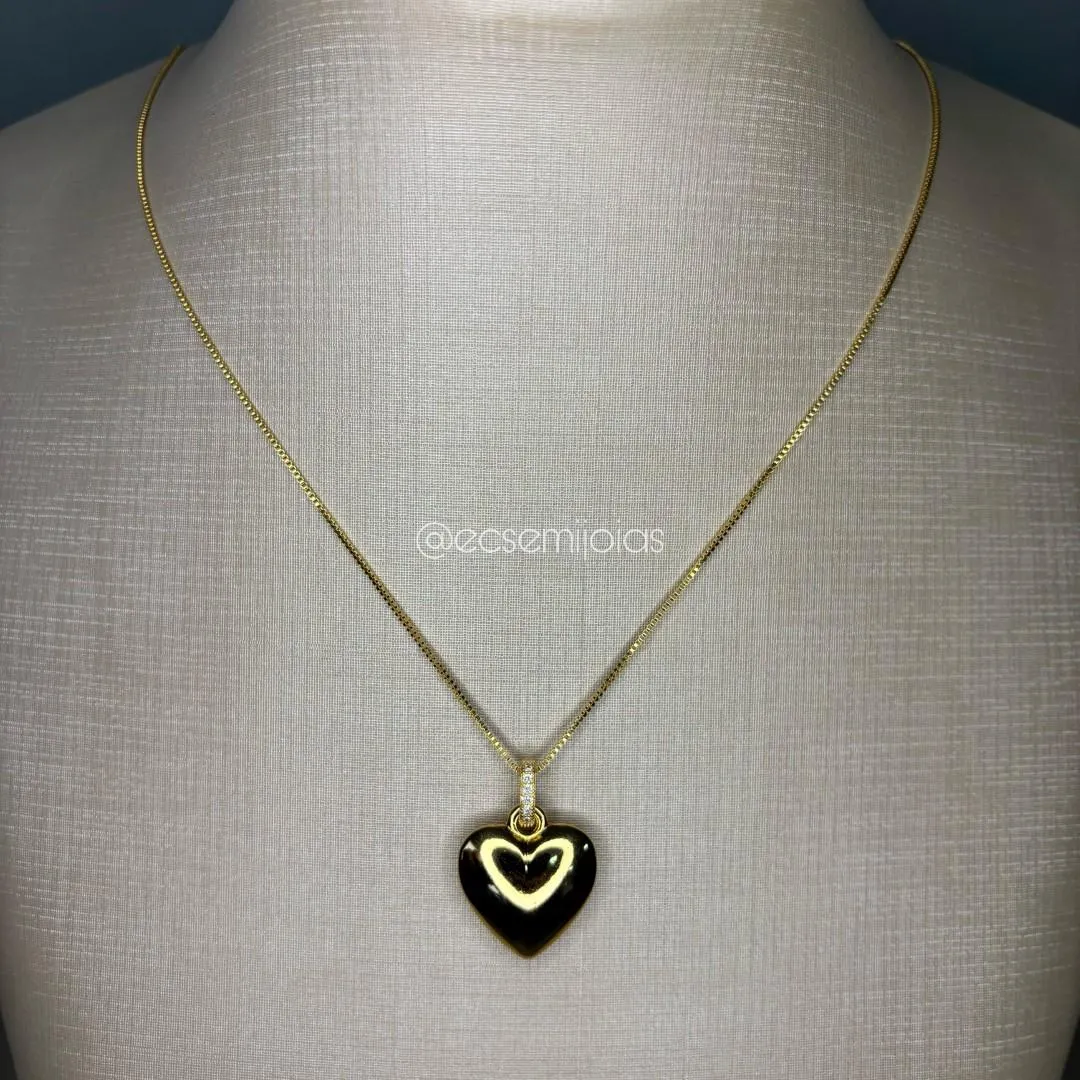 Colar veneziana com pingente de coração liso 17mm com contra argola cravejada - 45cm - banhado a ouro 18k