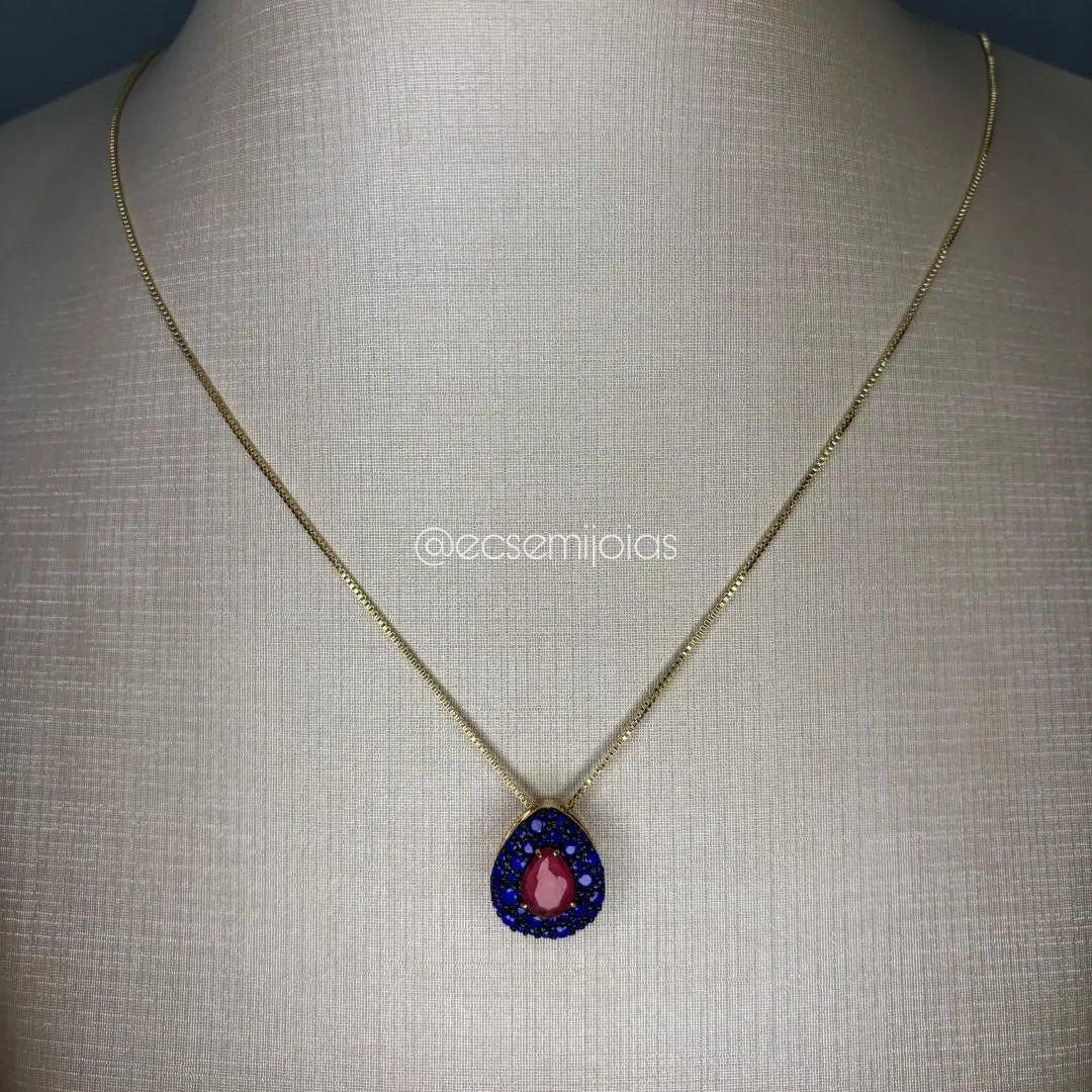 Colar veneziana com pingente de pedra gota no centro cravejado em volta - 45cm - banhado a ouro 18k