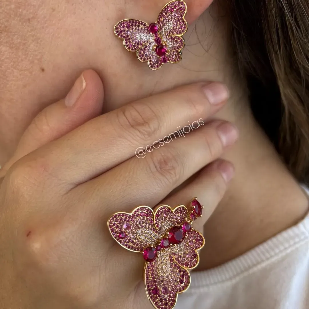 Conjunto de anel e brinco de borboletas cravejadas - banhado a ouro 18k