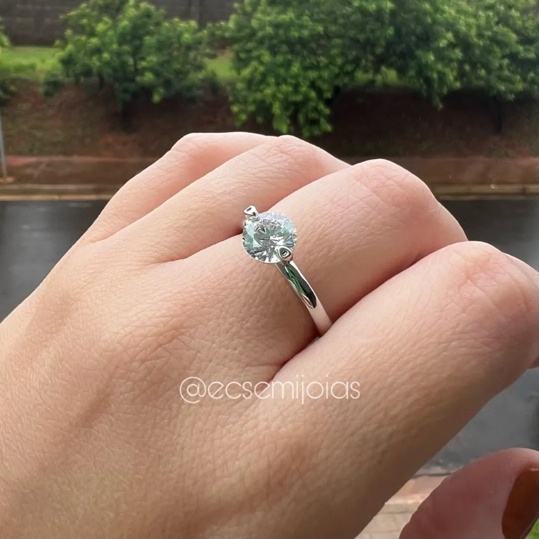 Solitário de 8mm com 2 garras e aro liso - banhado a ródio branco
