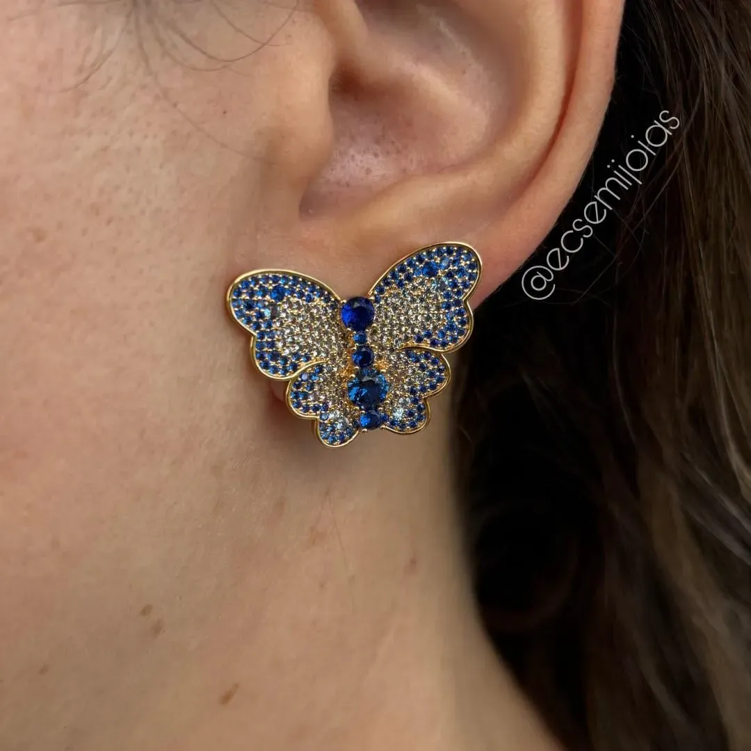 Conjunto de anel e brinco de borboletas cravejadas - banhado a ouro 18k