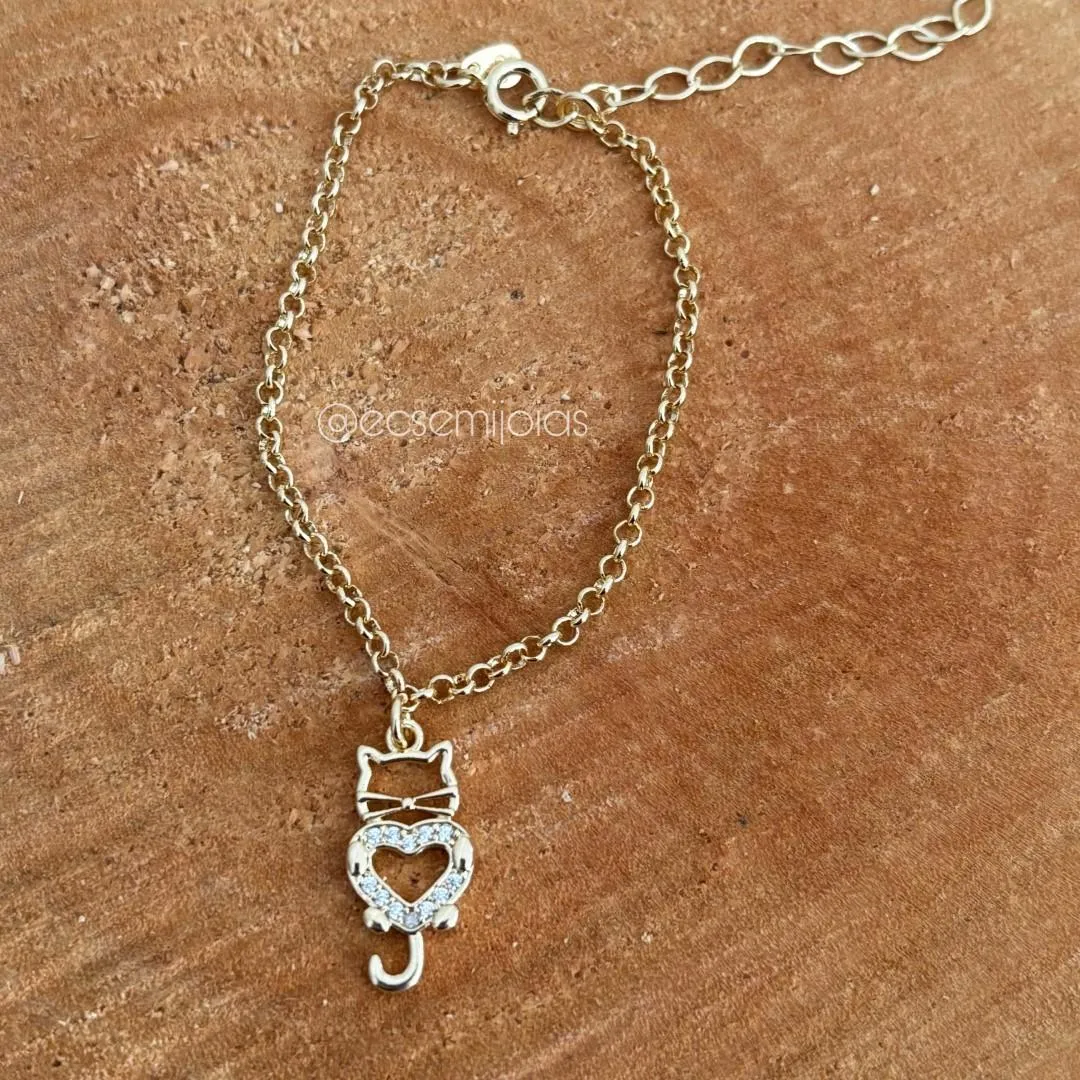 Pulseira de elo português fino com pingente de gato cravejado - 15cm + extensor - banhado a ouro 18k