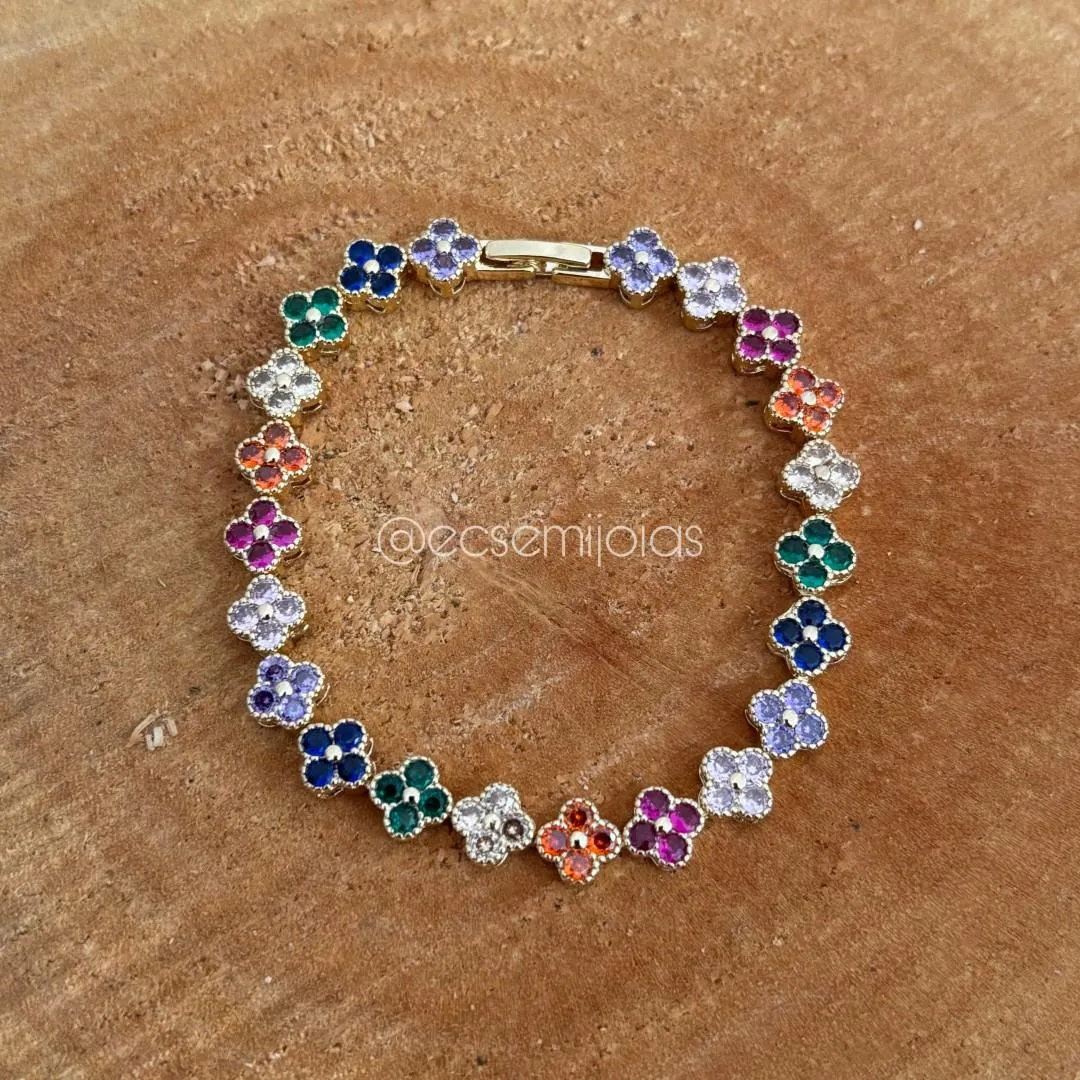 Pulseira com 100% de florzinhas cravejadas - 18cm - banhado a ouro 18k
