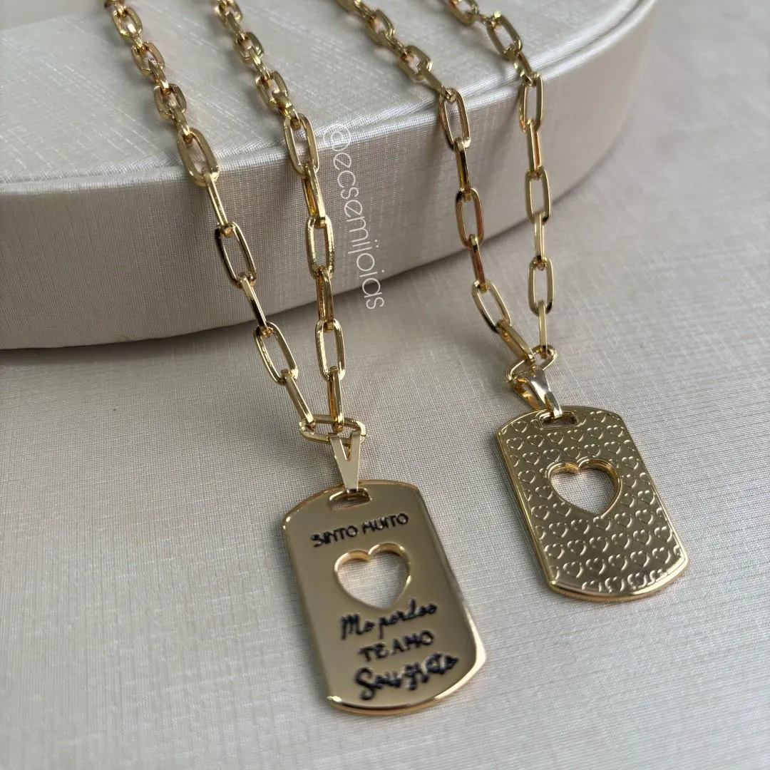 Corrente elo cartier 4mm com placa SINTO MUITO... - 60cm - banho ouro 18k
